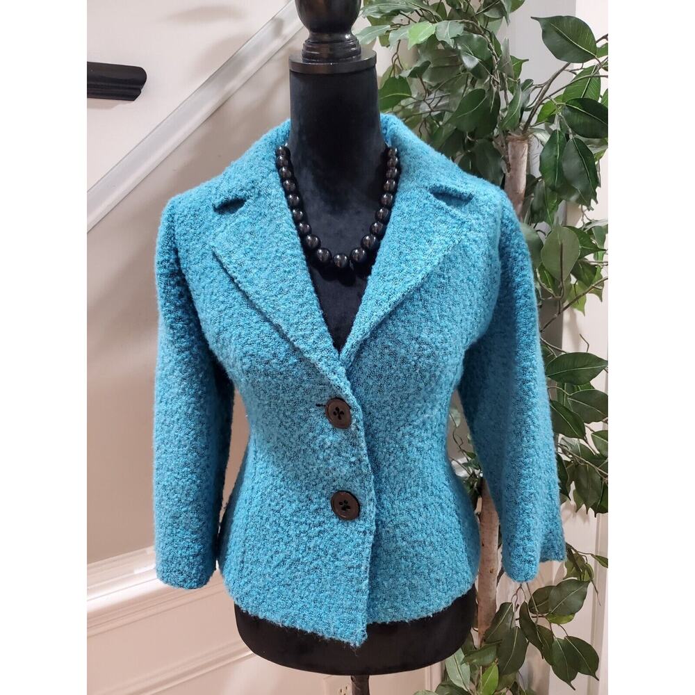 CAbi Women's Blue Turquoise Boucle Single Breasted Two Button Blazer Jacket 6